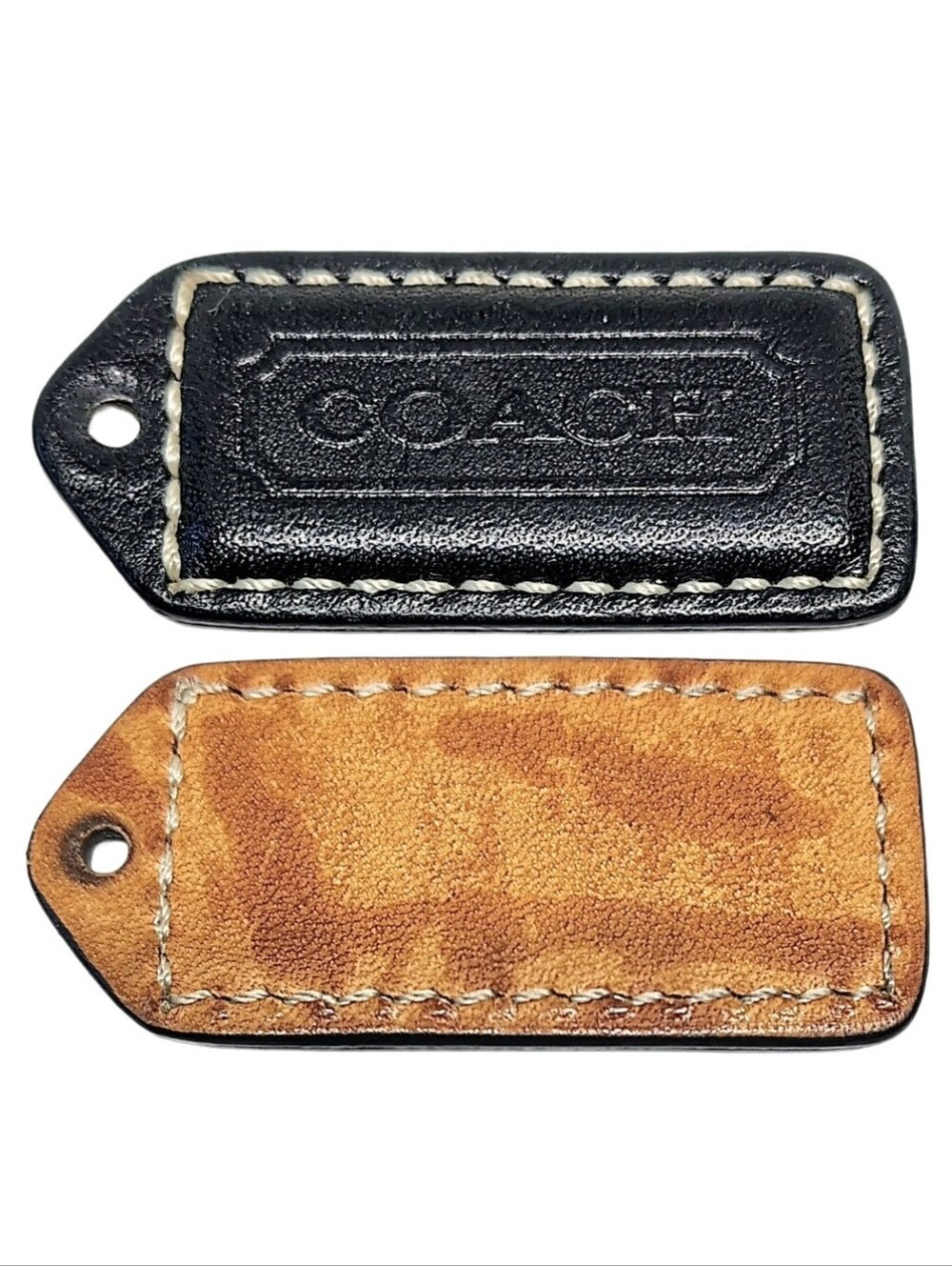 🆕 Vintage 2" Coach Black Tan Leather Hangtag Bag Fob Purse Charm Keychain Y2K